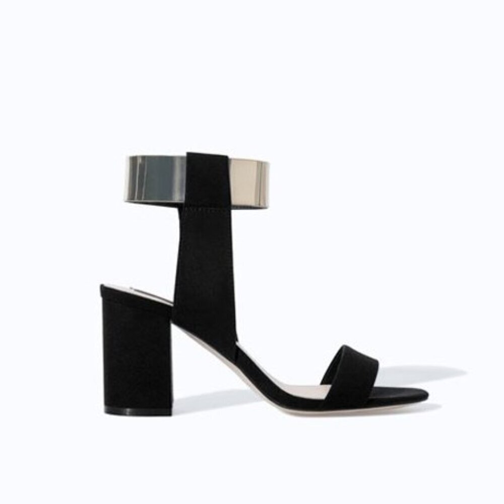 EUC Zara Basic black suede gold accent block heel sandal, 36